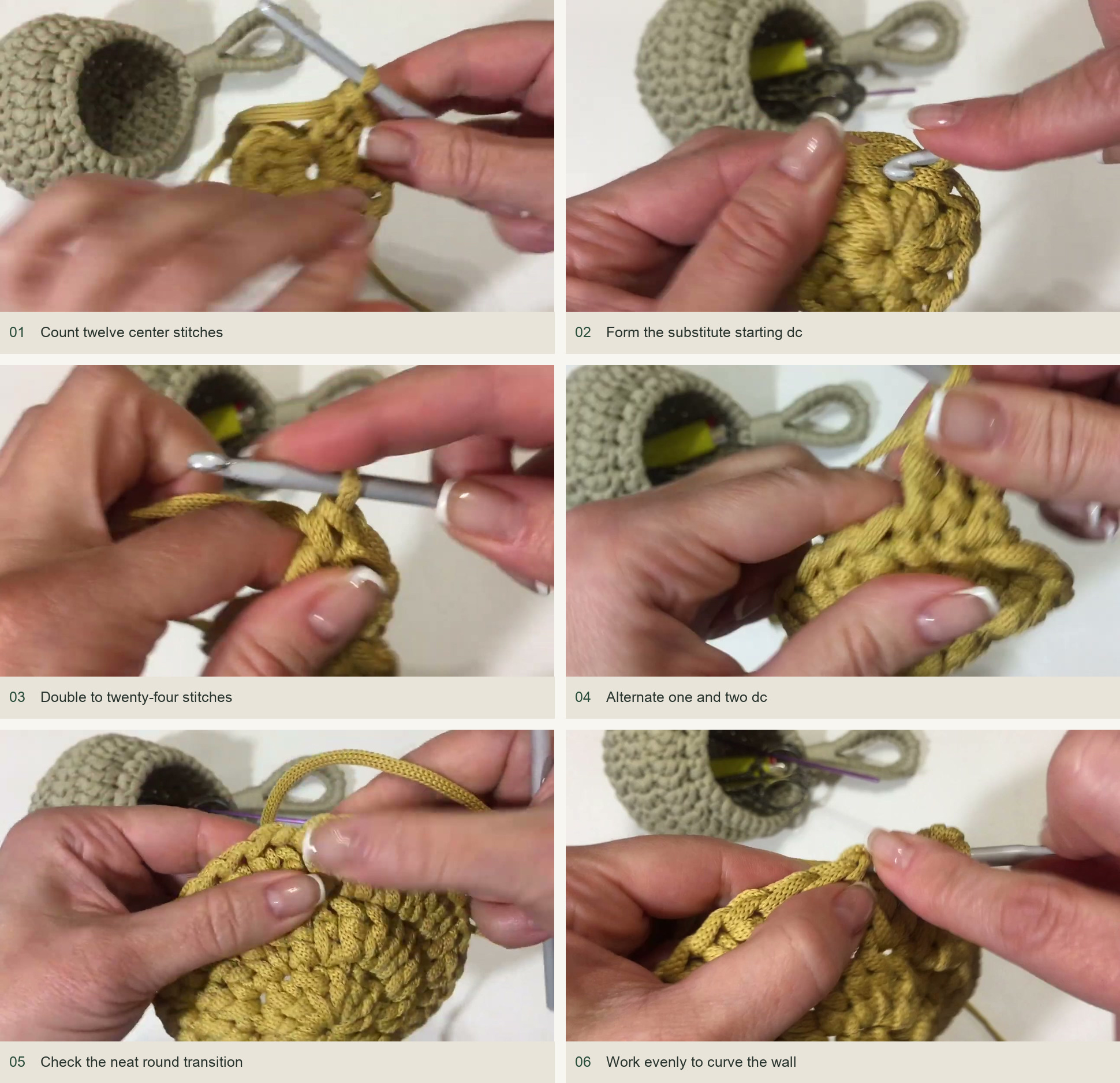 Build the three-round base: Count twelve center stitches; Form the substitute starting dc; Double to twenty-four stitches; Alternate one and two dc; Check the neat round transition; Work evenly to curve the wall