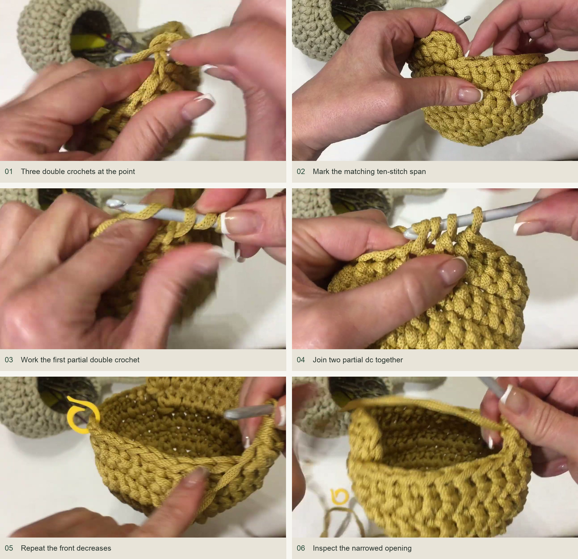 Shape the point and narrow the front: Three double crochets at the point; Mark the matching ten-stitch span; Work the first partial double crochet; Join two partial dc together; Repeat the front decreases; Inspect the narrowed opening