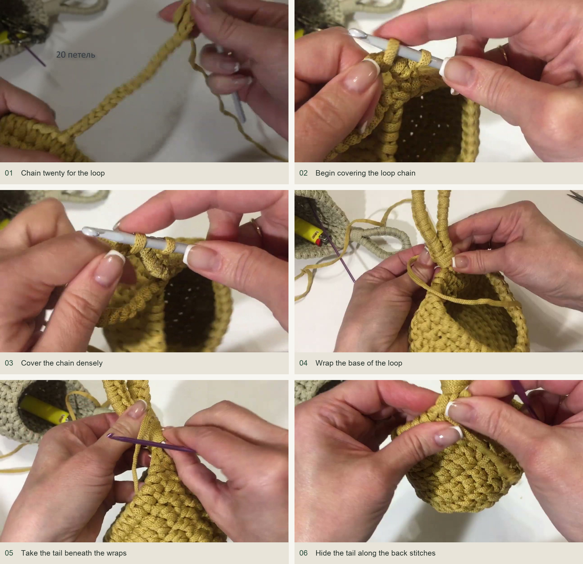 Make and cover the hanging loop: Chain twenty for the loop; Begin covering the loop chain; Cover the chain densely; Wrap the base of the loop; Take the tail beneath the wraps; Hide the tail along the back stitches