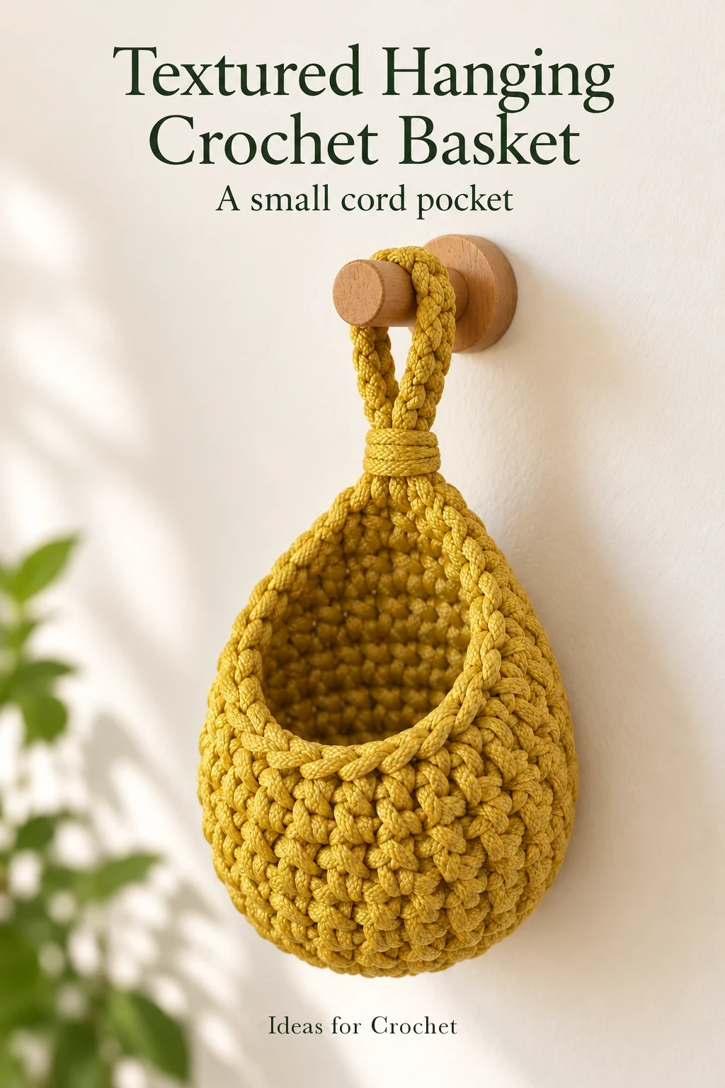 Mustard-gold textured crochet hanging basket with a covered loop and project headline