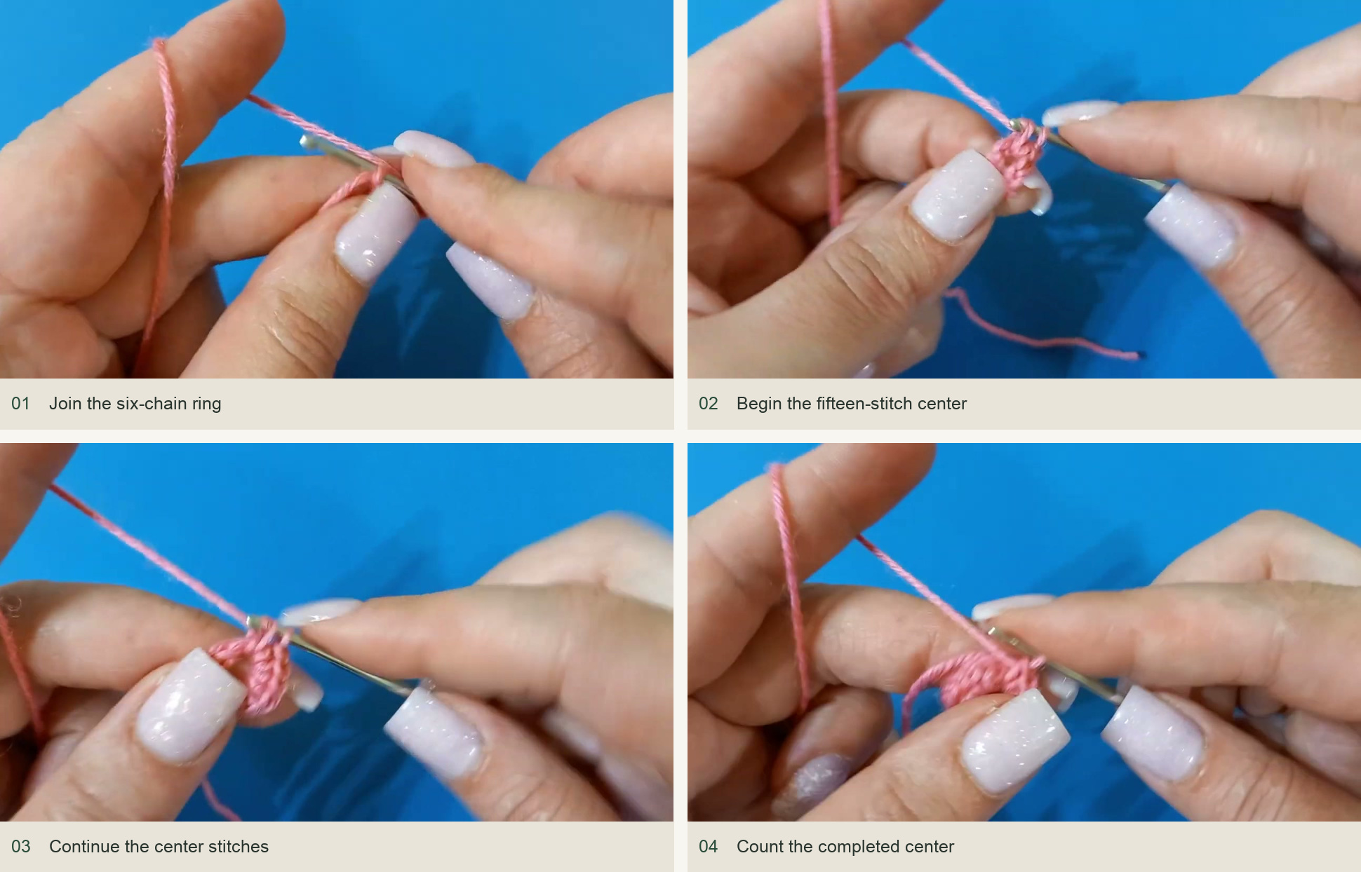 Join the six-chain ring; Begin the fifteen-stitch center; Continue the center stitches; Count the completed center