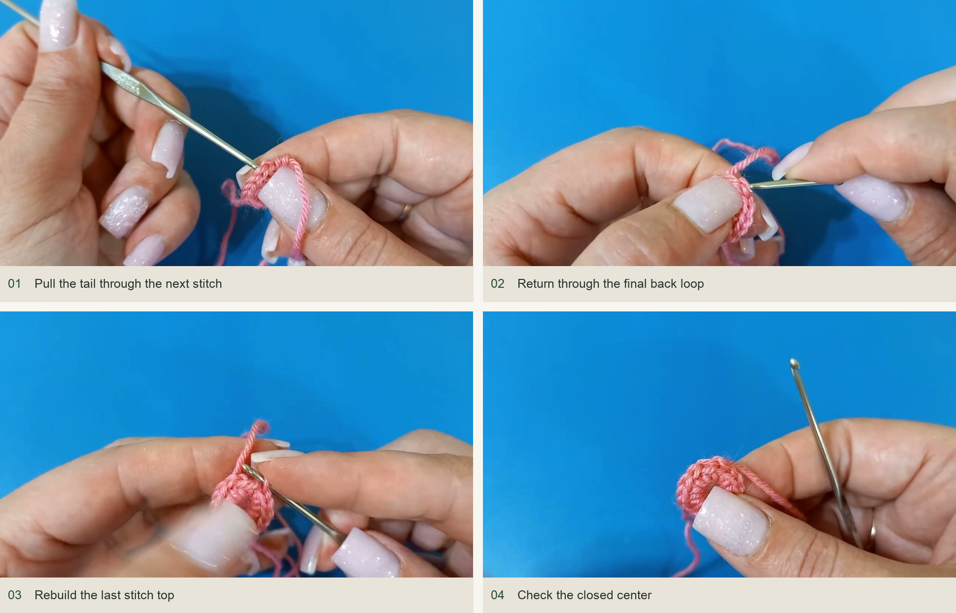 Pull the tail through the next stitch; Return through the final back loop; Rebuild the last stitch top; Check the closed center