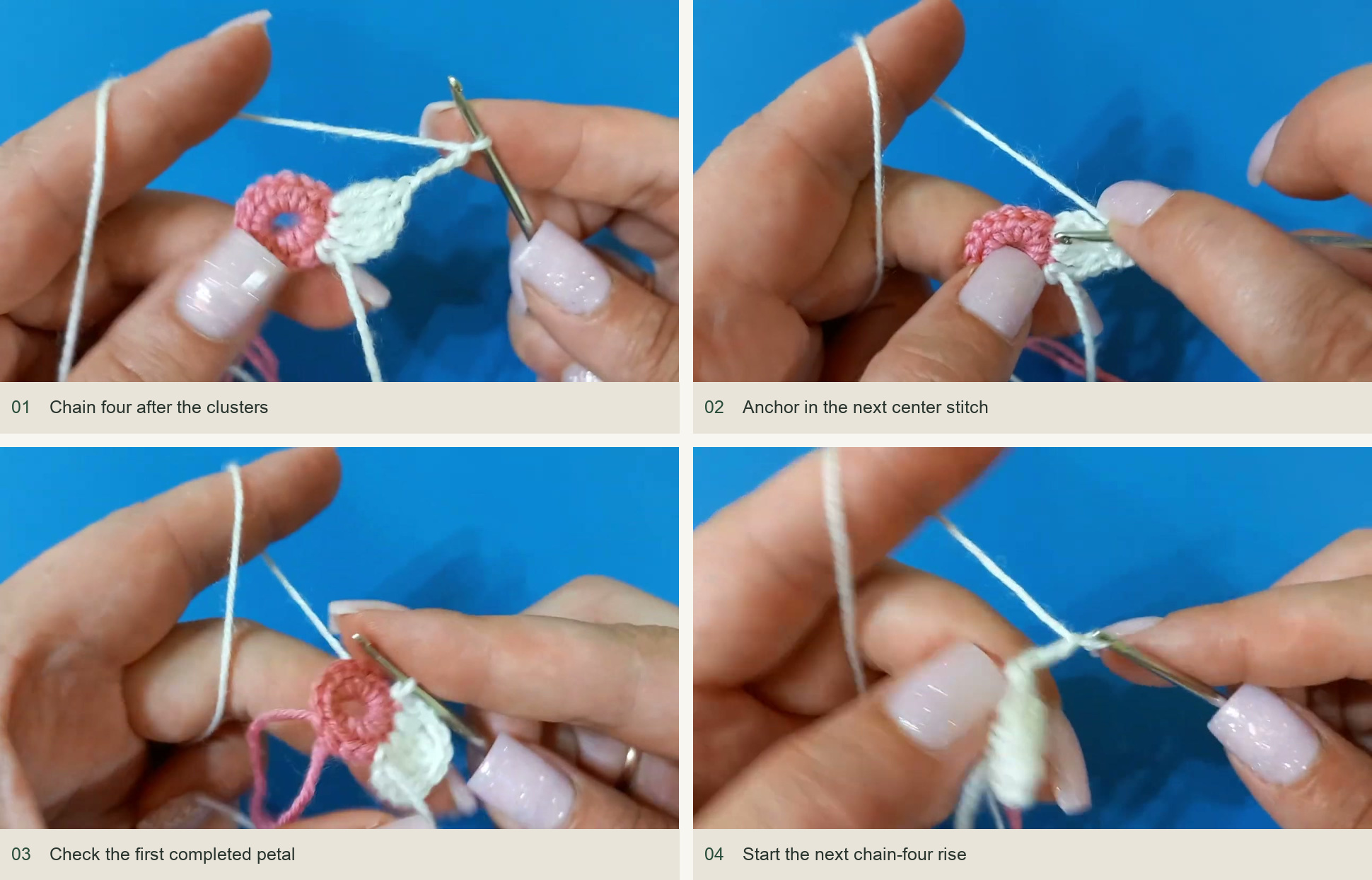 Chain four after the clusters; Anchor in the next center stitch; Check the first completed petal; Start the next chain-four rise
