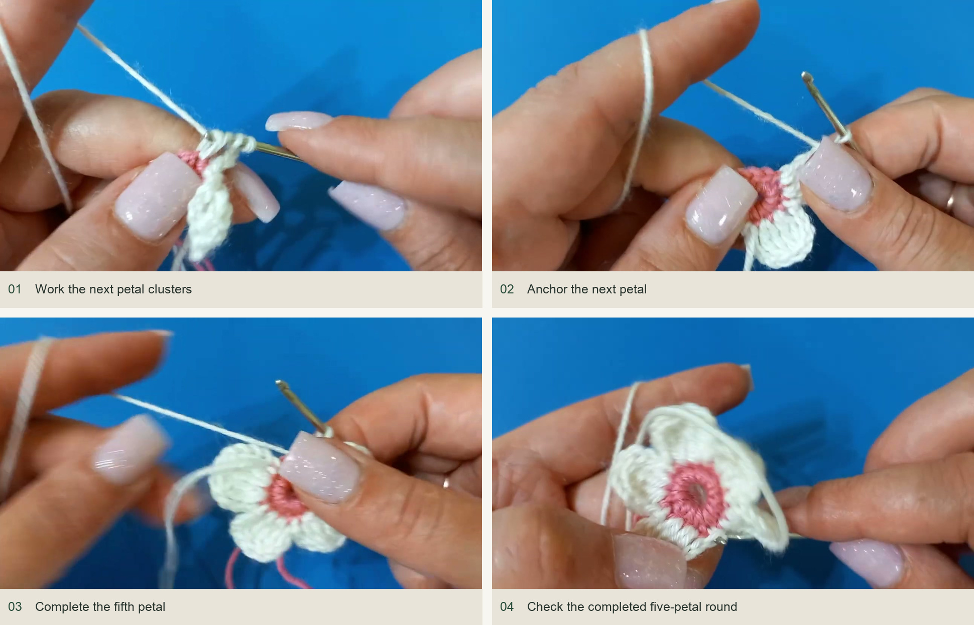 Work the next petal clusters; Anchor the next petal; Complete the fifth petal; Check the completed five-petal round