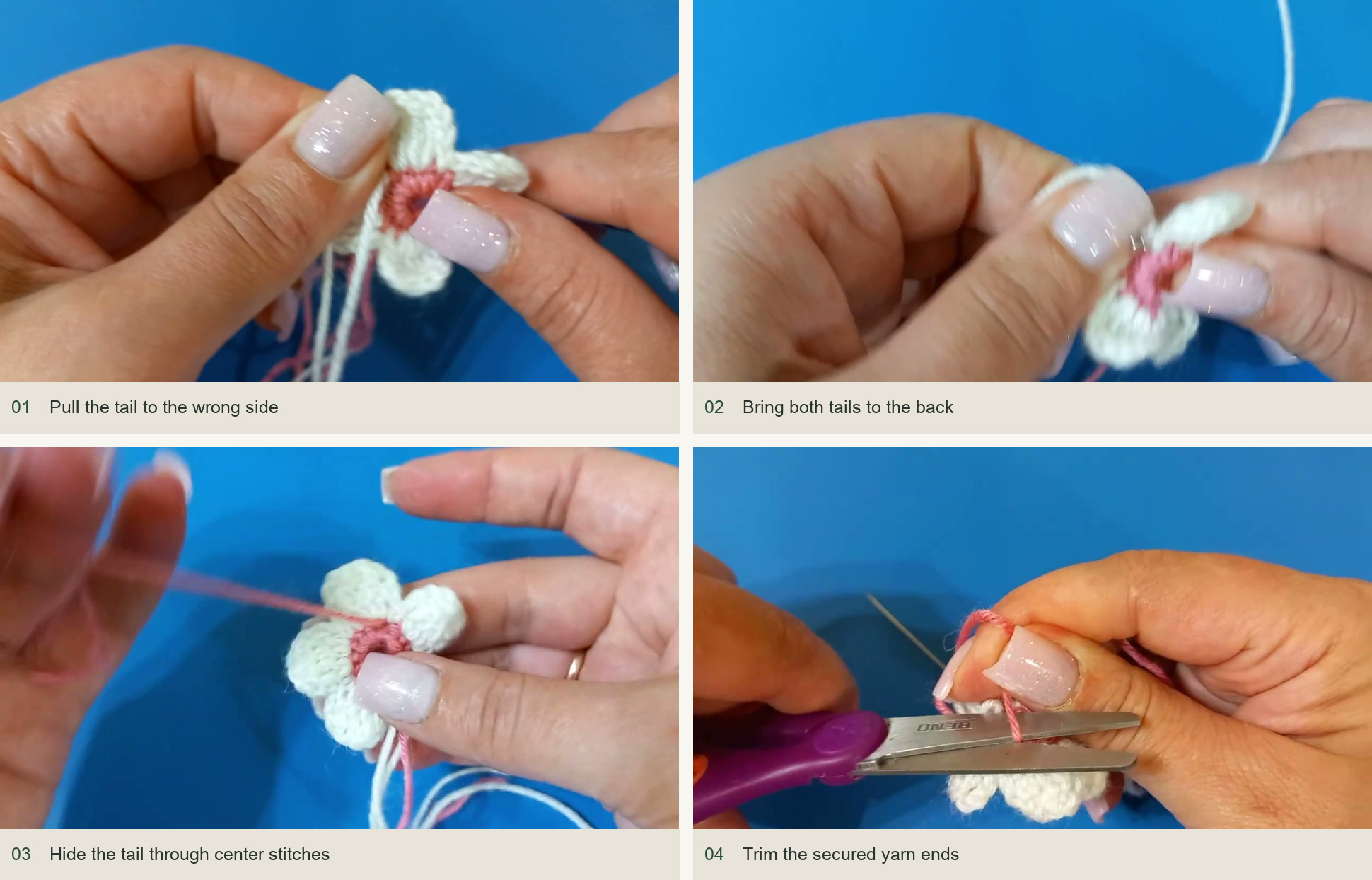 Pull the tail to the wrong side; Bring both tails to the back; Hide the tail through center stitches; Trim the secured yarn ends