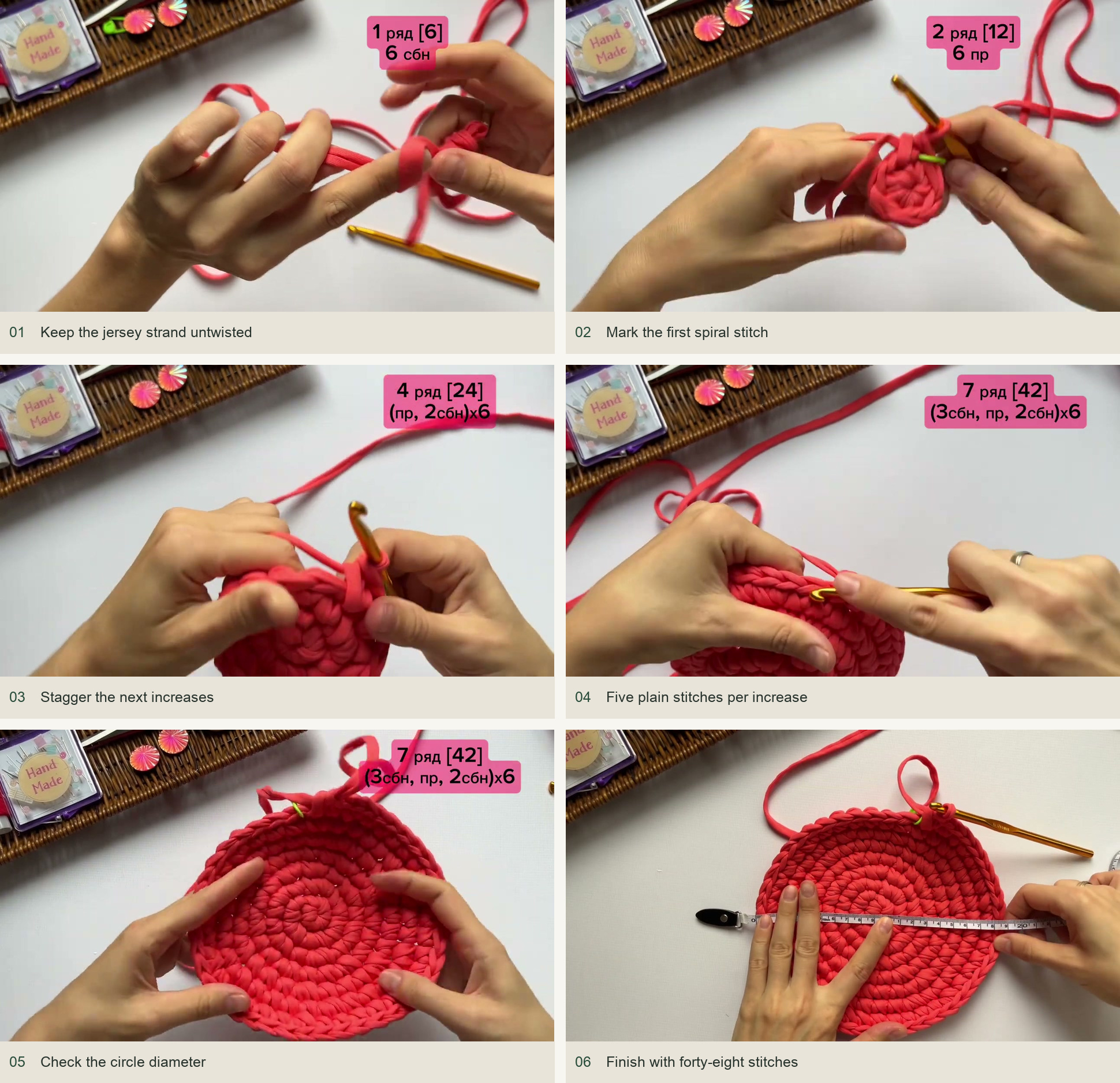 Rounds 1–8: a flat, staggered circle: Keep the jersey strand untwisted; Mark the first spiral stitch; Stagger the next increases; Five plain stitches per increase; Check the circle diameter; Finish with forty-eight stitches