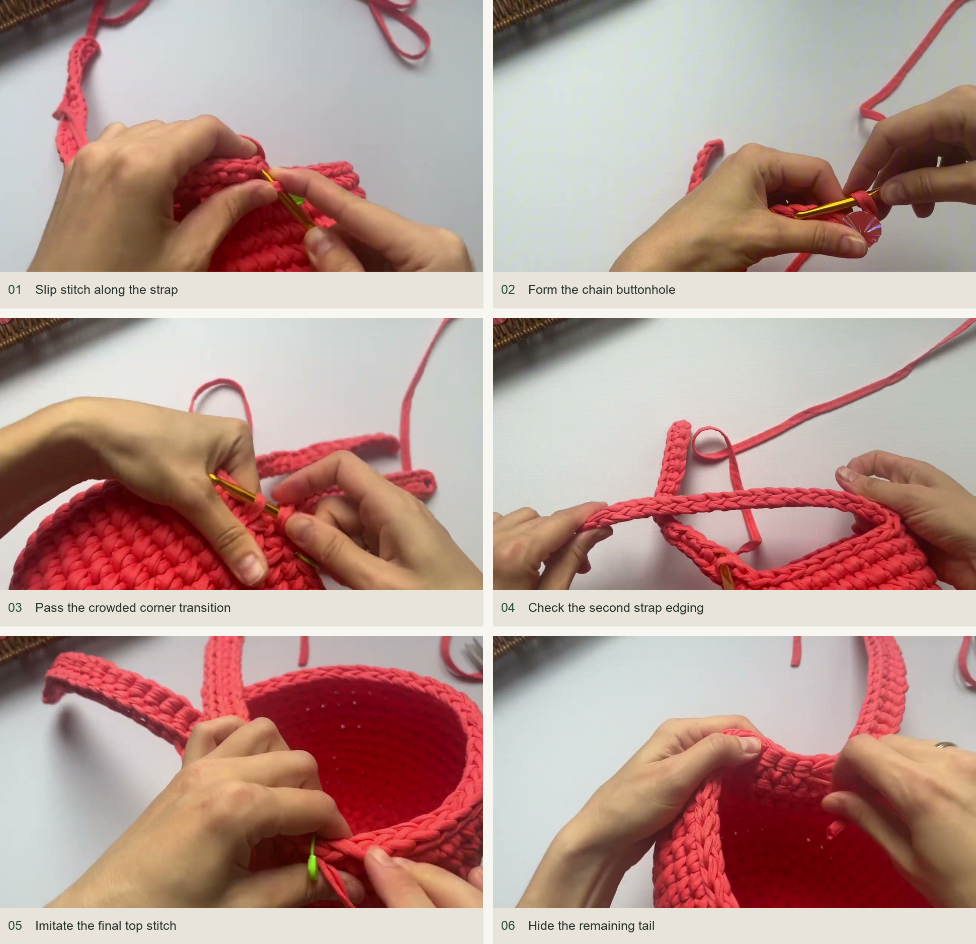 Edge the straps and make buttonholes: Slip stitch along the strap; Form the chain buttonhole; Pass the crowded corner transition; Check the second strap edging; Imitate the final top stitch; Hide the remaining tail