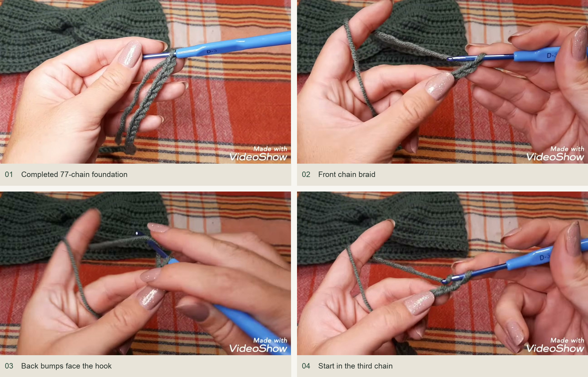 Chain the foundation: Completed 77-chain foundation; Front chain braid; Back bumps face the hook; Start in the third chain