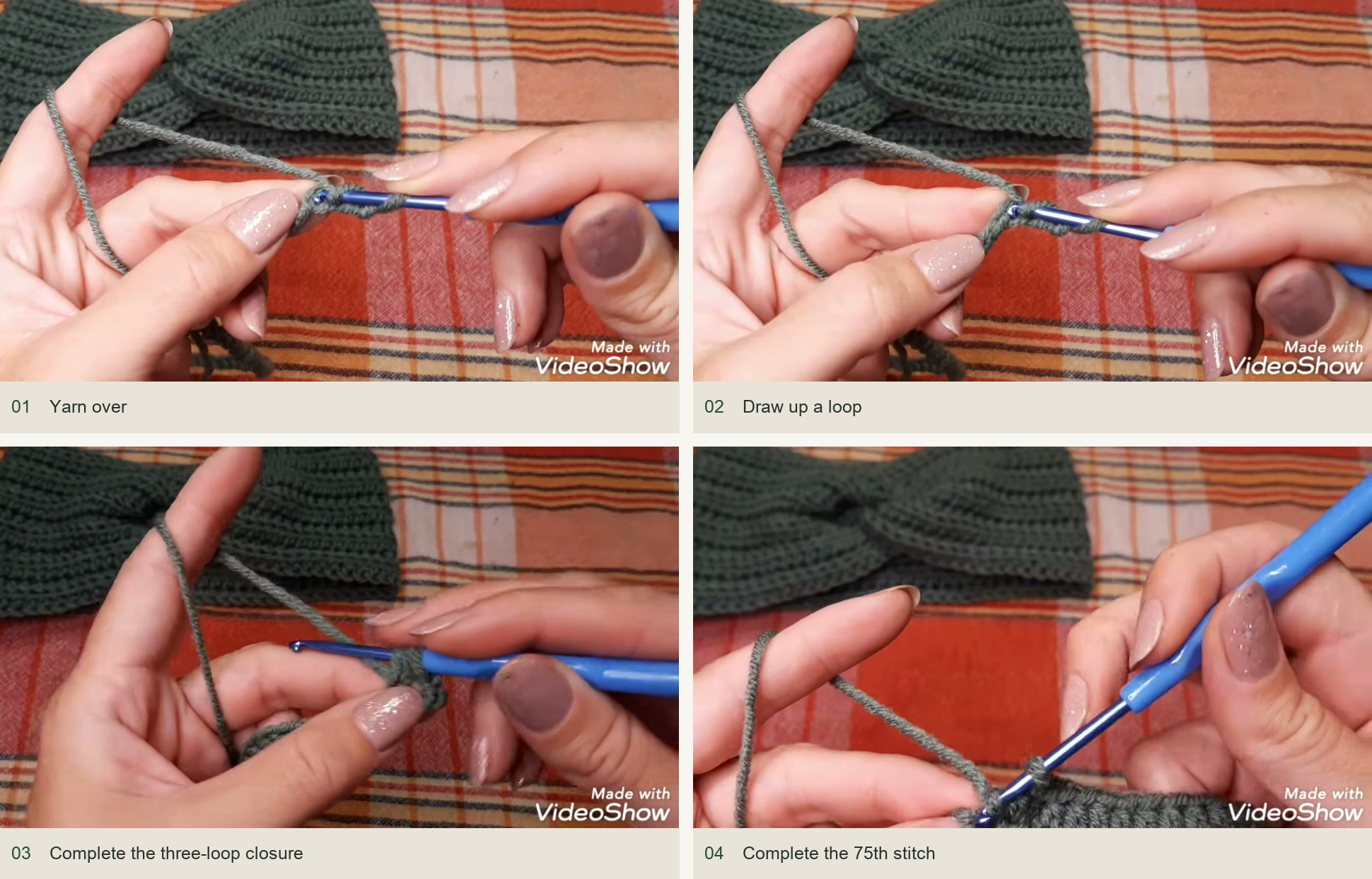 Work the first half double crochet row: Yarn over; Draw up a loop; Complete the three-loop closure; Complete the 75th stitch