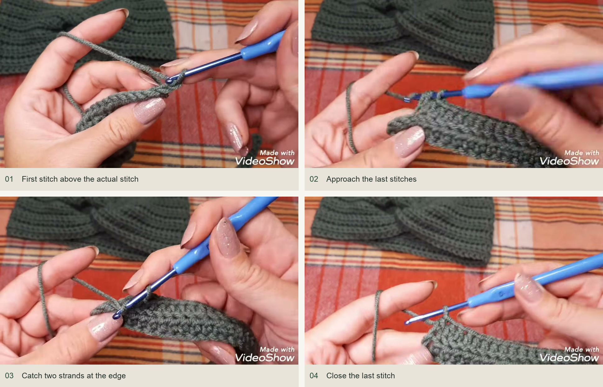 Keep the row ends complete: First stitch above the actual stitch; Approach the last stitches; Catch two strands at the edge; Close the last stitch