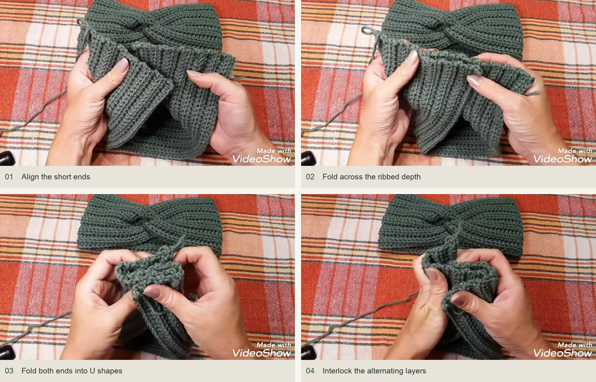 Fold each short end in half: Align the short ends; Fold across the ribbed depth; Fold both ends into U shapes; Interlock the alternating layers