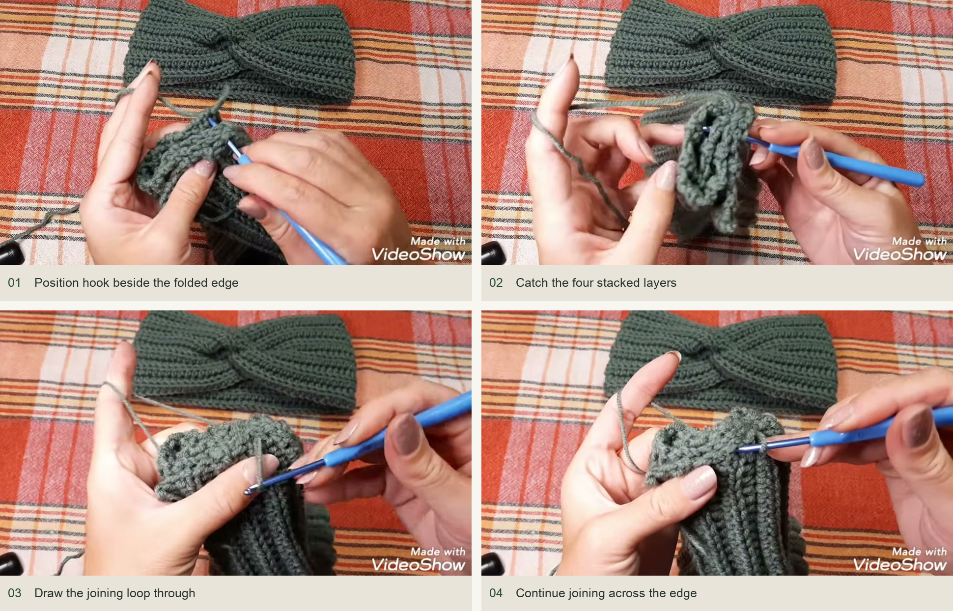 Join through all four layers: Position hook beside the folded edge; Catch the four stacked layers; Draw the joining loop through; Continue joining across the edge