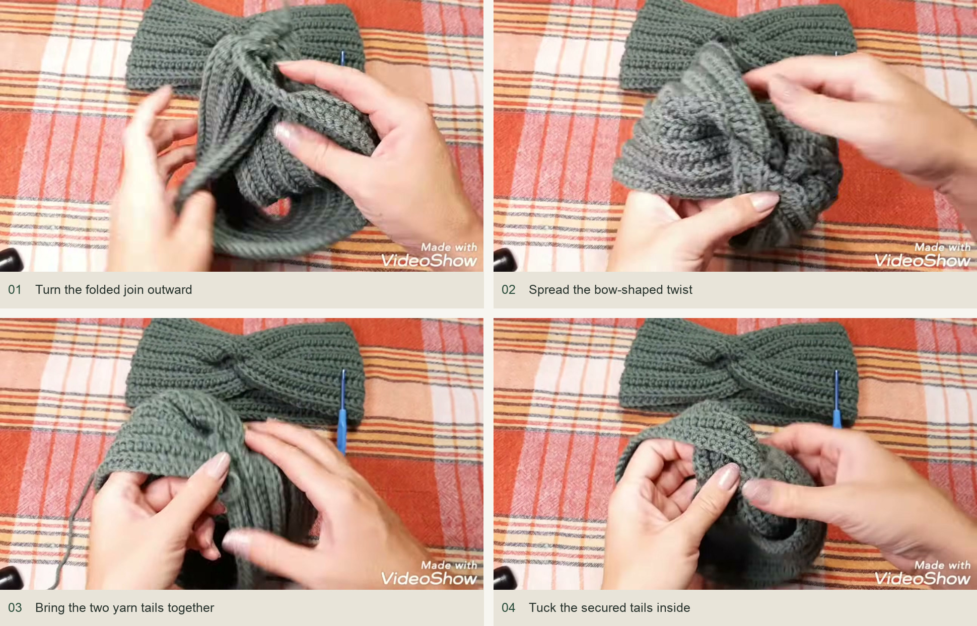 Secure and turn: Turn the folded join outward; Spread the bow-shaped twist; Bring the two yarn tails together; Tuck the secured tails inside