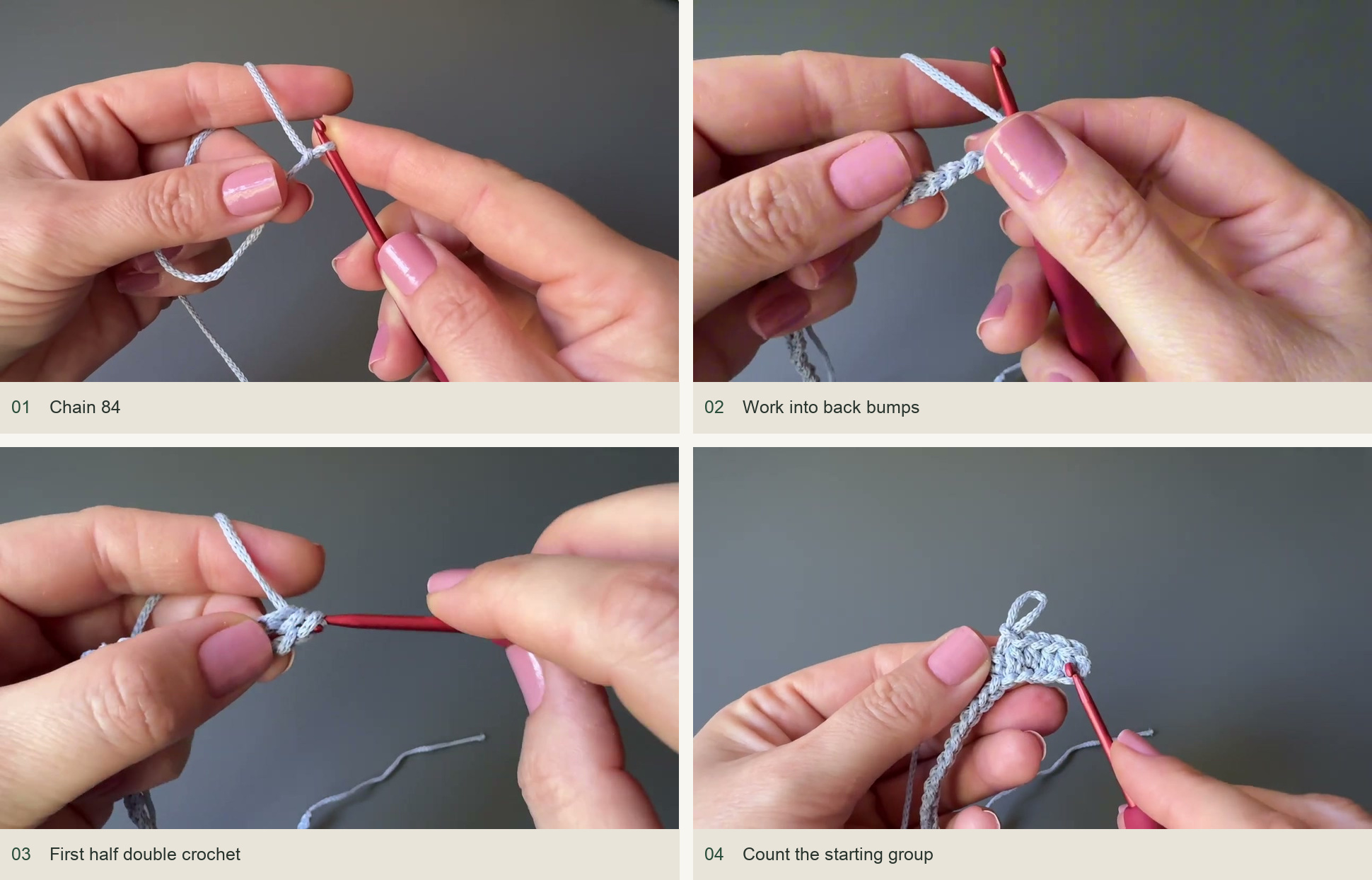 Chain 84; Work into back bumps; First half double crochet; Count the starting group