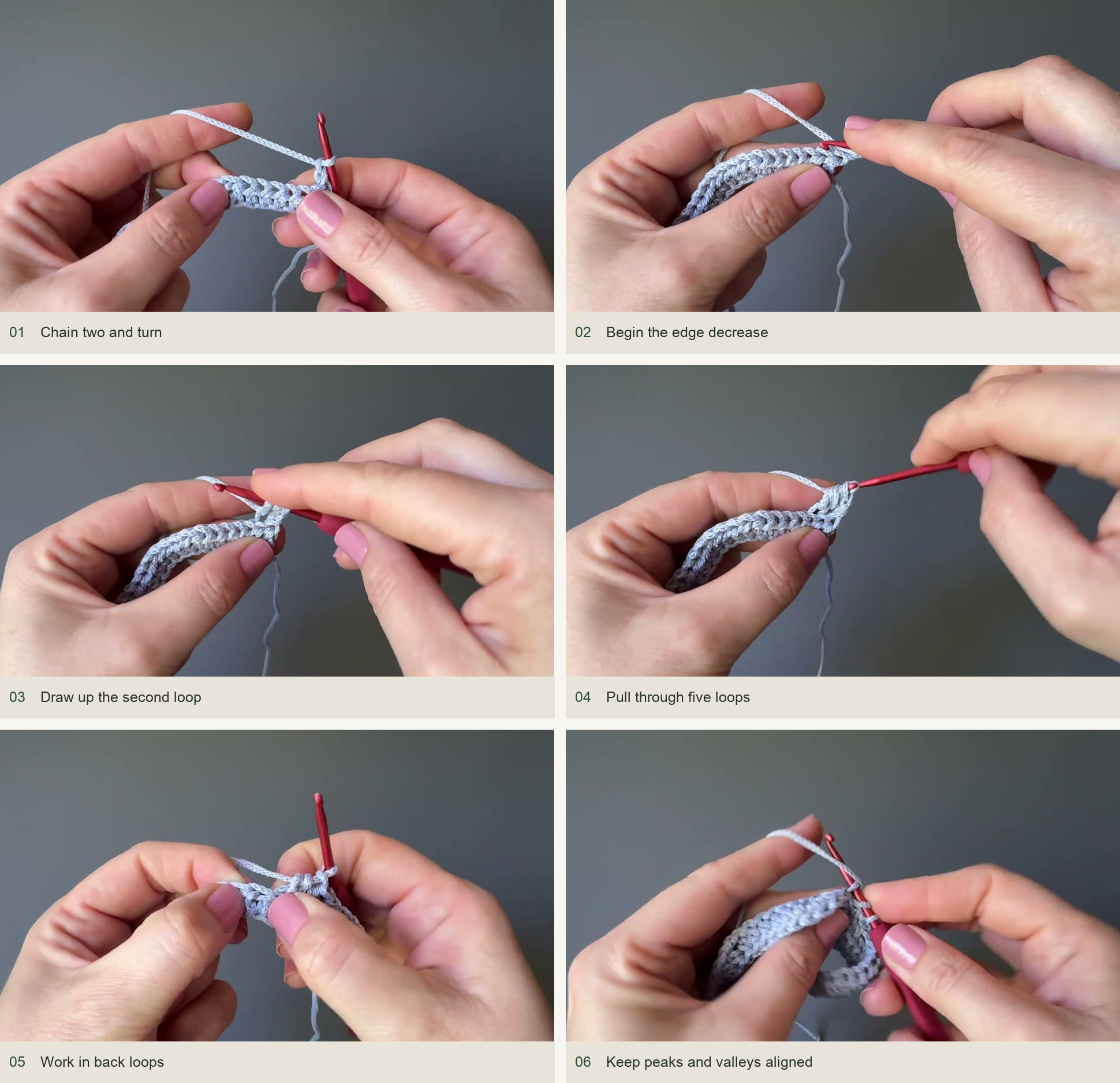 Chain two and turn; Begin the edge decrease; Draw up the second loop; Pull through five loops; Work in back loops; Keep peaks and valleys aligned