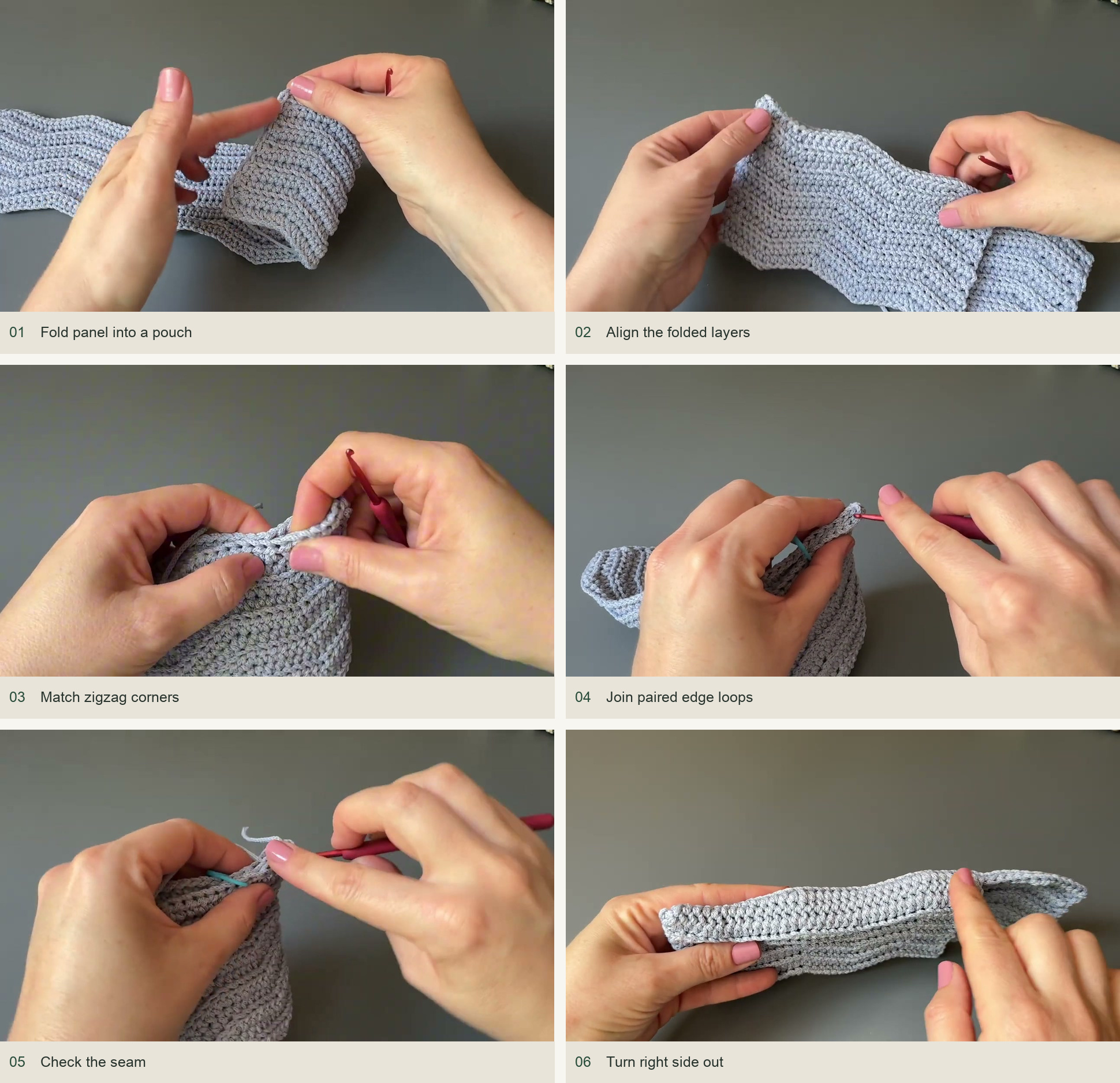 Fold panel into a pouch; Align the folded layers; Match zigzag corners; Join paired edge loops; Check the seam; Turn right side out