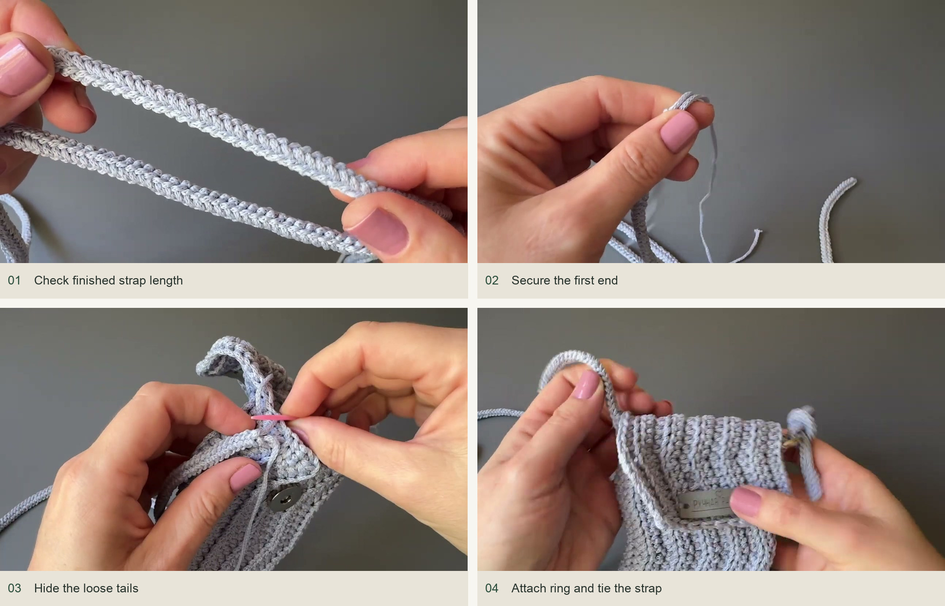 Check finished strap length; Secure the first end; Hide the loose tails; Attach ring and tie the strap