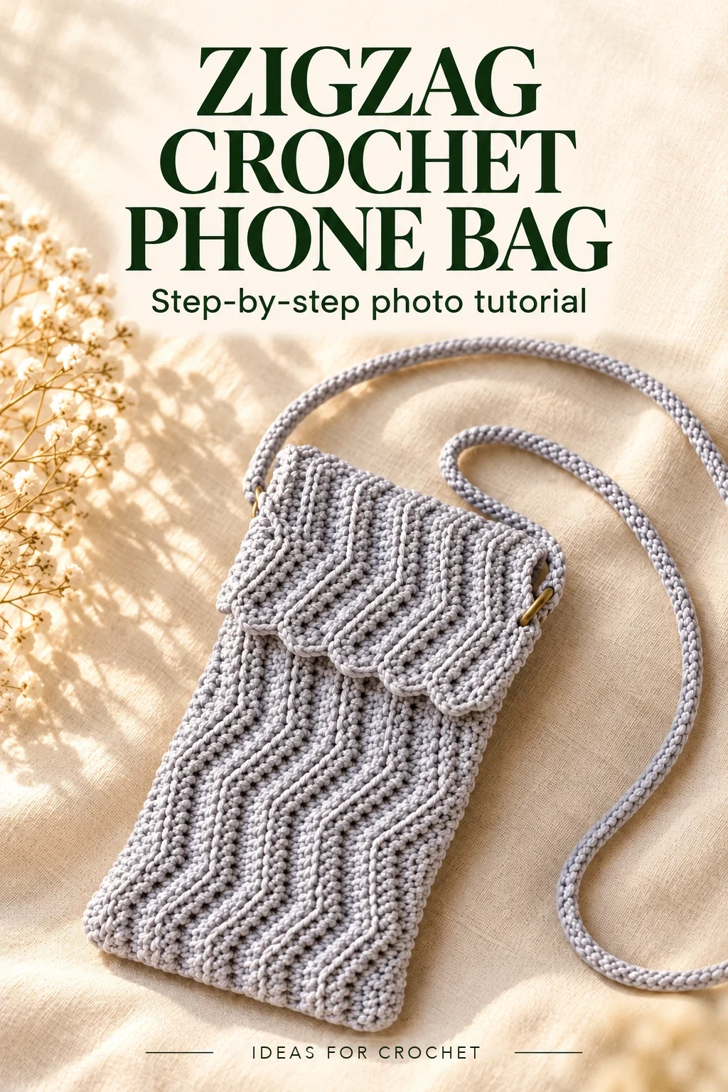 Pearl-gray zigzag crochet phone bag with the title Zigzag Crochet Phone Bag and step-by-step photo tutorial